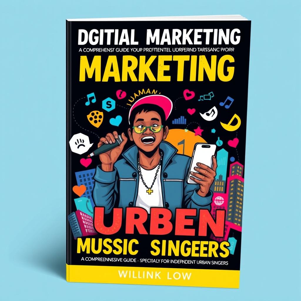 A dynamic and colorful book cover for a comprehensive guide on digital marketing specifically for independent urban music singers