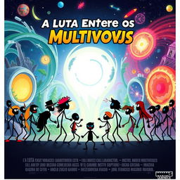 A creative movie poster for a film titled 'A Luta Entre os Multiversus', featuring all characters as stick figures