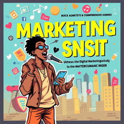 A dynamic and colorful book cover for a comprehensive guide on digital marketing specifically for independent urban music singers