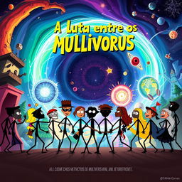 A creative movie poster for a film titled 'A Luta Entre os Multiversus', featuring all characters as stick figures