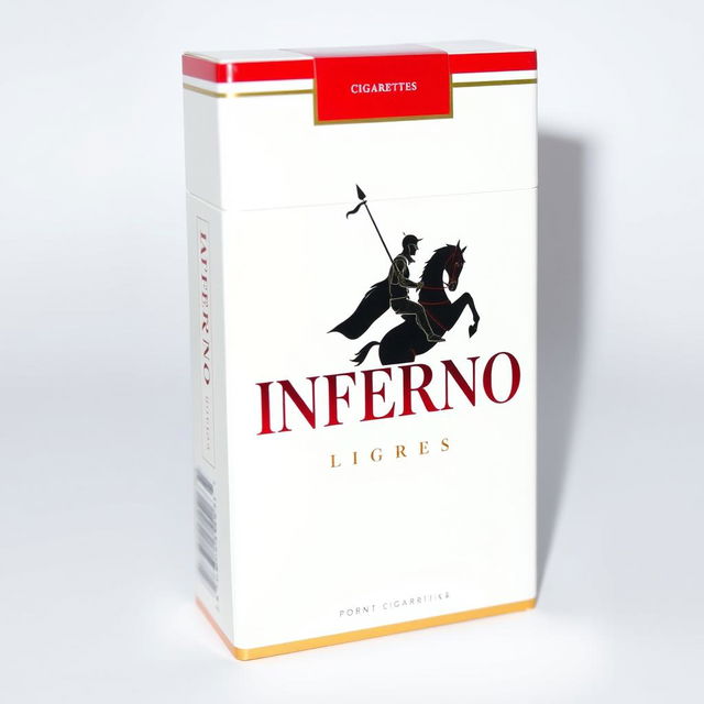 A standing packet of cigarettes with vibrant packaging showcasing the brand name "INFERNO" in bold lettering