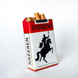 A standing packet of cigarettes with vibrant packaging showcasing the brand name "INFERNO" in bold lettering