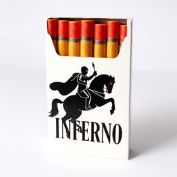 A standing packet of cigarettes with vibrant packaging showcasing the brand name "INFERNO" in bold lettering