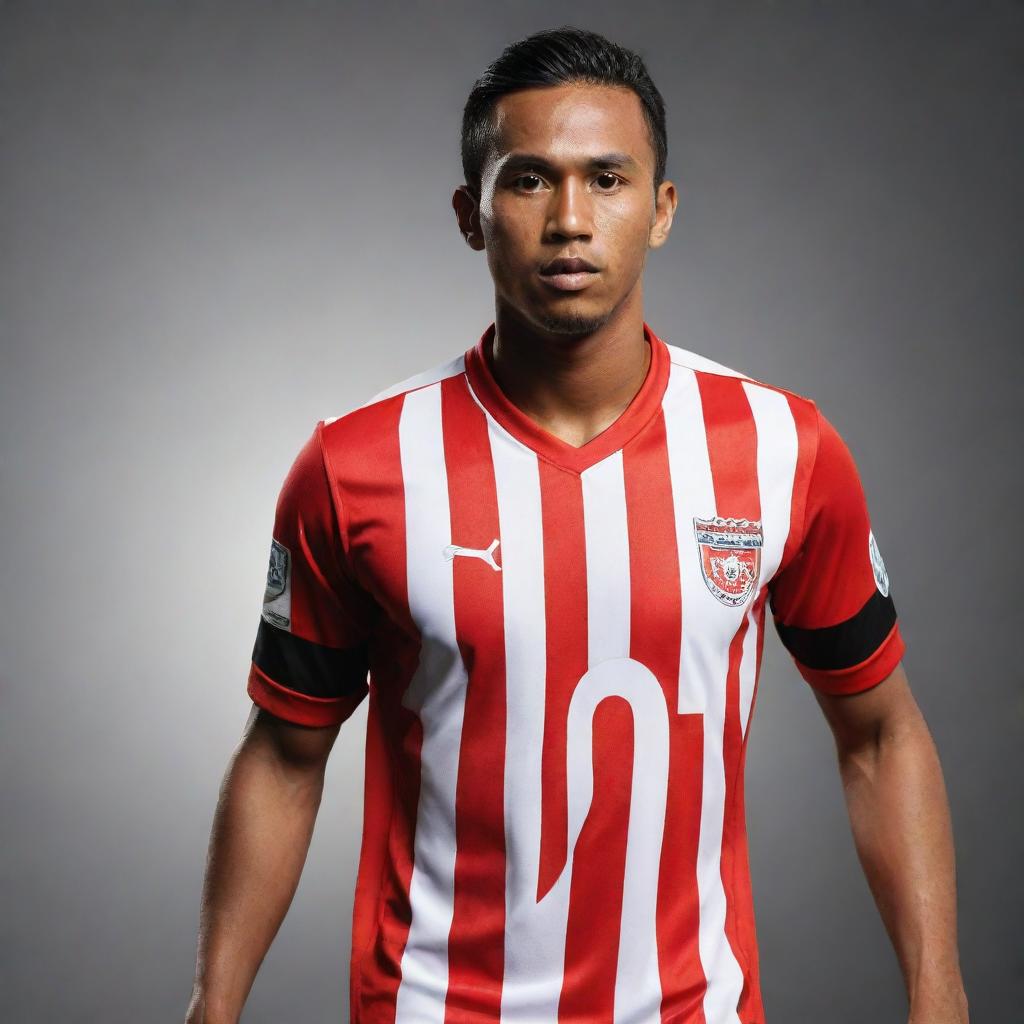 Create a vector-styled image of an Indonesian soccer player named Arva. He is wearing a red and black striped jersey, with the number 12 on his back, walking and facing backwards.