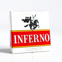 A standing packet of cigarettes with vibrant packaging showcasing the brand name "INFERNO" in bold lettering