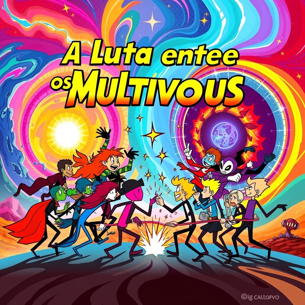 A creative movie poster for a film titled 'A Luta Entre os Multiversus', featuring all characters represented as stick figures