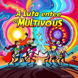 A creative movie poster for a film titled 'A Luta Entre os Multiversus', featuring all characters represented as stick figures