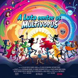 A creative movie poster for a film titled 'A Luta Entre os Multiversus', featuring all characters represented as stick figures