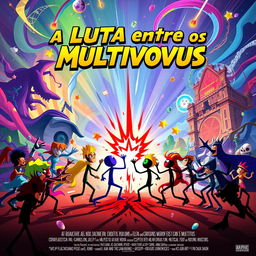 A creative movie poster for a film titled 'A Luta Entre os Multiversus', featuring all characters represented as stick figures