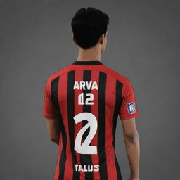 Create a vector-styled image of an Indonesian soccer player named Arva. He is wearing a red and black striped jersey, with the number 12 on his back, walking and facing backwards.