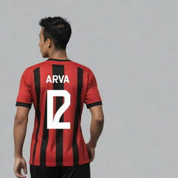 Create a vector-styled image of an Indonesian soccer player named Arva. He is wearing a red and black striped jersey, with the number 12 on his back, walking and facing backwards.