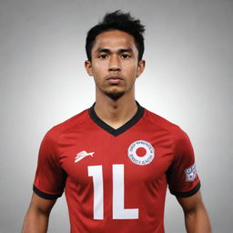 Create a vector-styled image of an Indonesian soccer player named Arva. He is wearing a red and black striped jersey, with the number 12 on his back, walking and facing backwards.