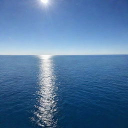 A vast and endless ocean stretching out into the horizon, infinite shades of blue blended with the sky, the sunlight reflecting off its calm surface.