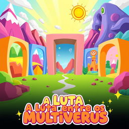 A cartoonish movie poster for a film titled 'A Luta Entre os Multiversus', designed without any characters