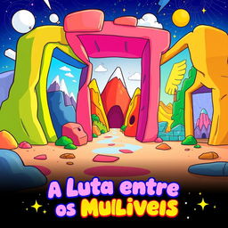 A cartoonish movie poster for a film titled 'A Luta Entre os Multiversus', designed without any characters