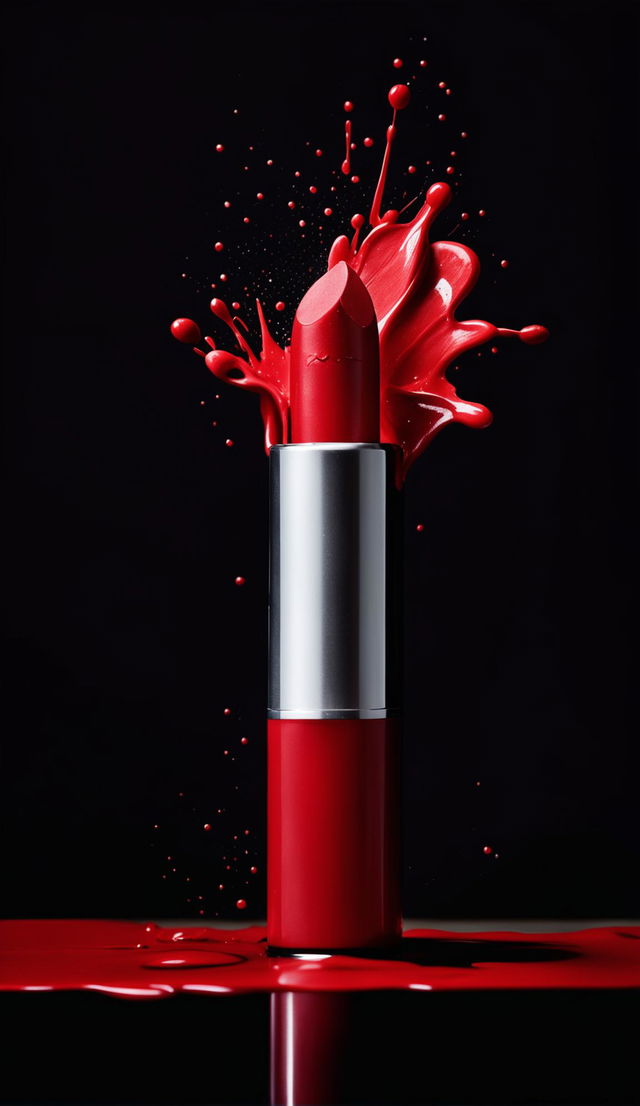 A minimalist product editorial photograph featuring a vibrant red lipstick against a stark black background with an abstract splatter of matching red.