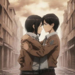 An emotional, anime-style scene from the modern era version of 'Attack on Titan'. Mikasa and Eren meet once again, encapsulated in a tender moment as Mikasa hugs Eren against a striking anime background.