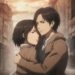 An emotional, anime-style scene from the modern era version of 'Attack on Titan'. Mikasa and Eren meet once again, encapsulated in a tender moment as Mikasa hugs Eren against a striking anime background.