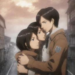 An emotional, anime-style scene from the modern era version of 'Attack on Titan'. Mikasa and Eren meet once again, encapsulated in a tender moment as Mikasa hugs Eren against a striking anime background.