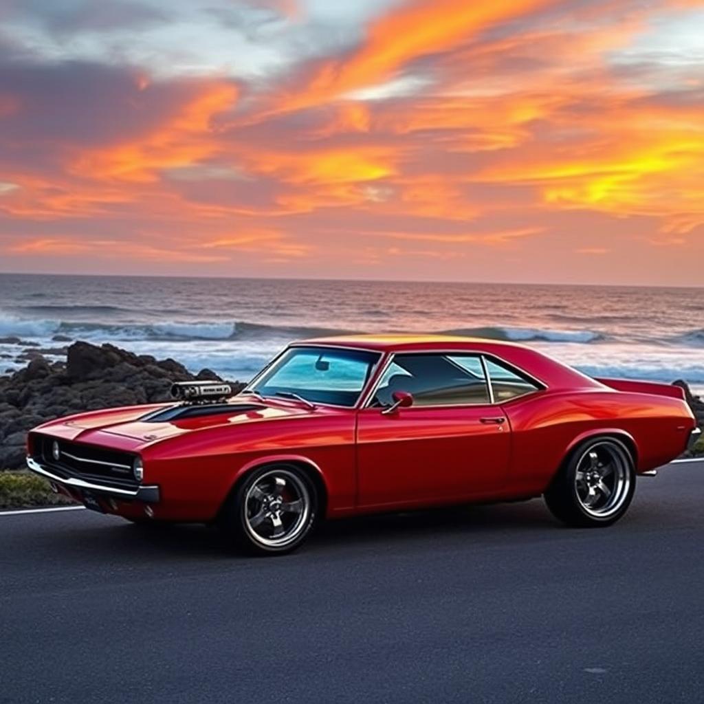 A shiny red muscle car parked on a scenic coastal road at sunset, with a dramatic sky filled with orange and purple hues