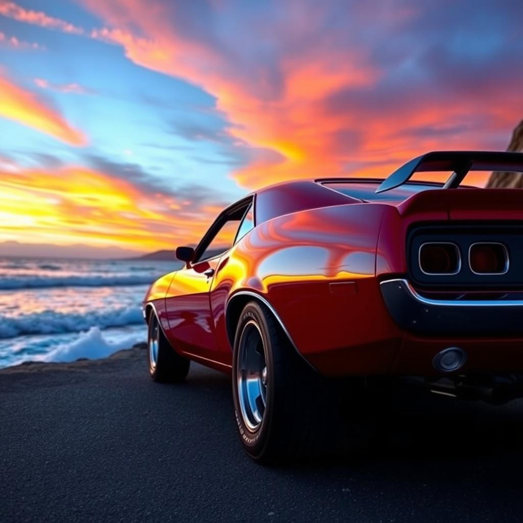 A shiny red muscle car parked on a scenic coastal road at sunset, with a dramatic sky filled with orange and purple hues