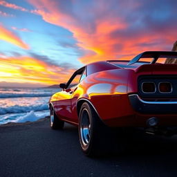 A shiny red muscle car parked on a scenic coastal road at sunset, with a dramatic sky filled with orange and purple hues