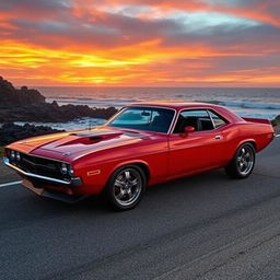 A shiny red muscle car parked on a scenic coastal road at sunset, with a dramatic sky filled with orange and purple hues