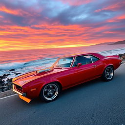 A shiny red muscle car parked on a scenic coastal road at sunset, with a dramatic sky filled with orange and purple hues