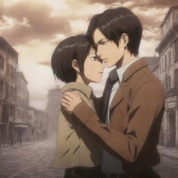 An emotional, anime-style scene from the modern era version of 'Attack on Titan'. Mikasa and Eren meet once again, encapsulated in a tender moment as Mikasa hugs Eren against a striking anime background.