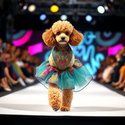 A fashionable poodle confidently strutting down a runway during a fashion week event, wearing a stylish, elegant dress adorned with vibrant colors and intricate patterns