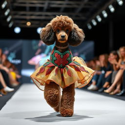 A fashionable poodle confidently strutting down a runway during a fashion week event, wearing a stylish, elegant dress adorned with vibrant colors and intricate patterns