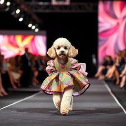 A fashionable poodle confidently strutting down a runway during a fashion week event, wearing a stylish, elegant dress adorned with vibrant colors and intricate patterns