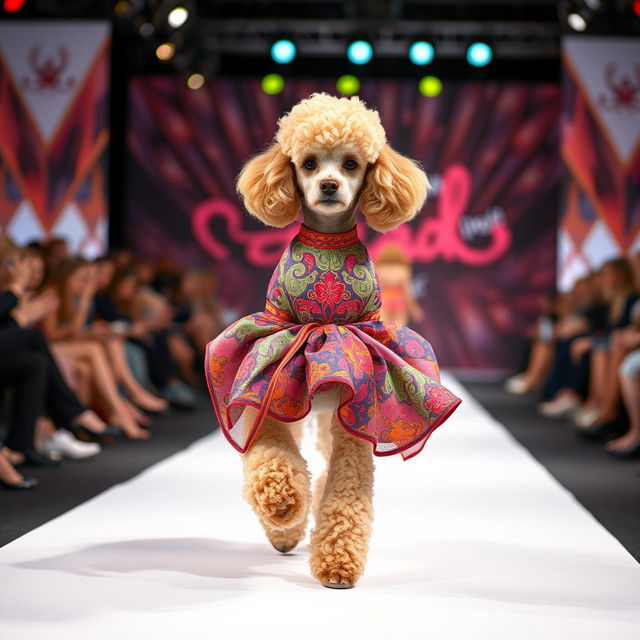 A fashionable poodle confidently strutting down a runway during a fashion week event, wearing a stylish, elegant dress adorned with vibrant colors and intricate patterns