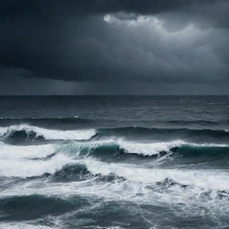 A dark and intimidating ocean with churning stormy waters under a sky filled with ominous clouds, evoking a sense of dread and awe.