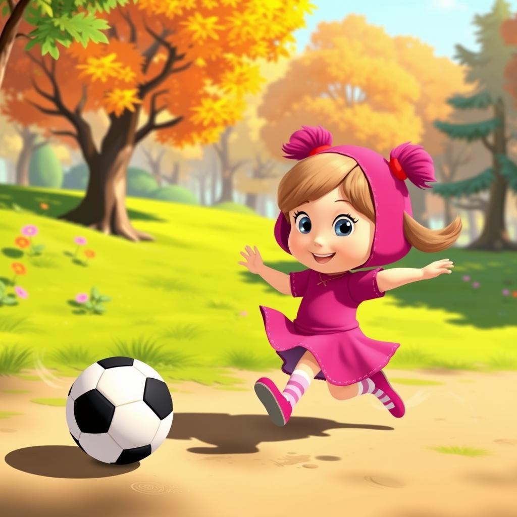 Masha and the Bear playing football in a vibrant, cartoonish style inspired by the animated series 'Masha and the Bear'