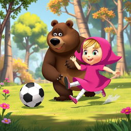 Masha and the Bear playing football in a vibrant, cartoonish style inspired by the animated series 'Masha and the Bear'