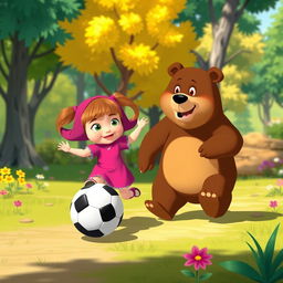 Masha and the Bear playing football in a vibrant, cartoonish style inspired by the animated series 'Masha and the Bear'