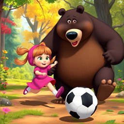 Masha and the Bear playing football in a vibrant, cartoonish style inspired by the animated series 'Masha and the Bear'