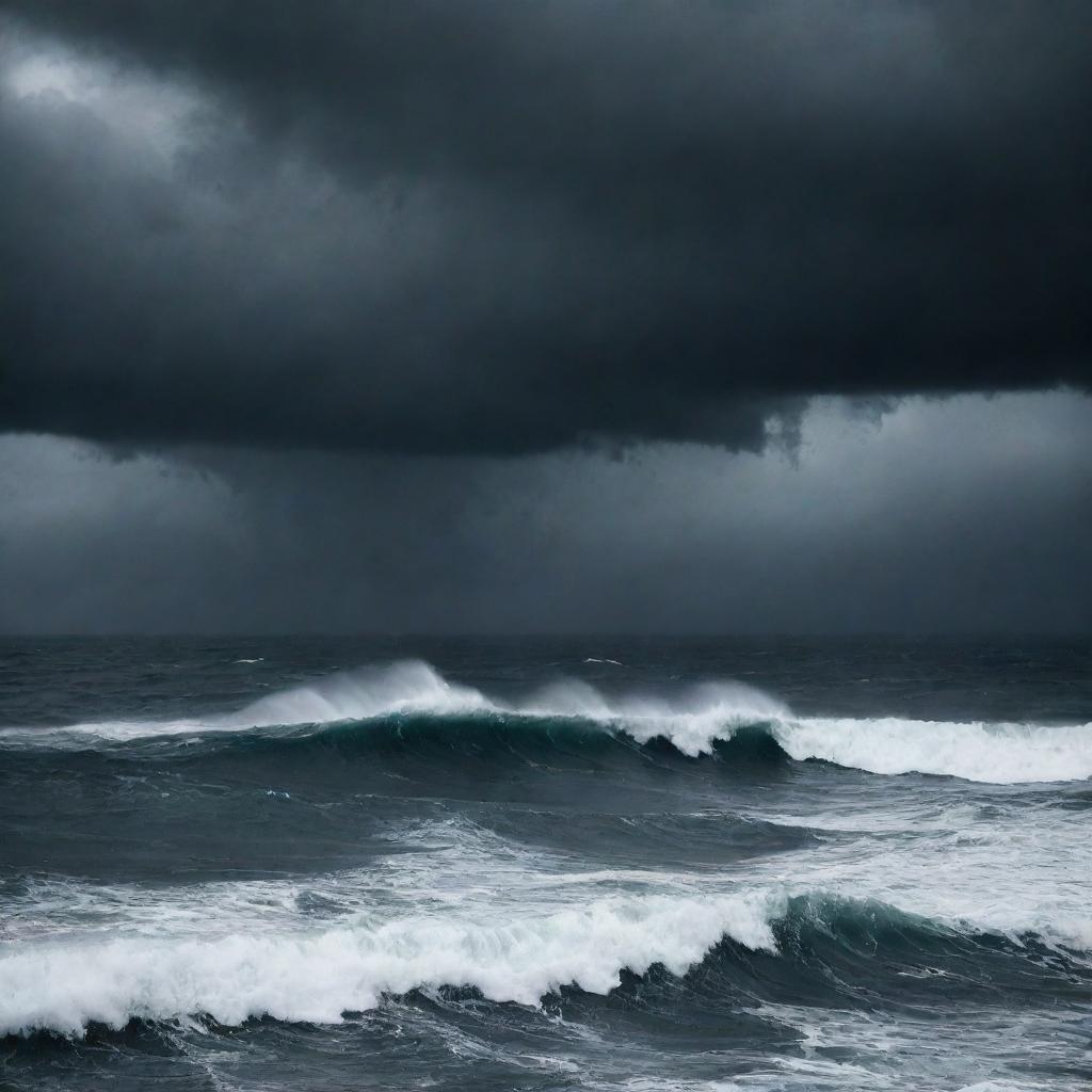 A dark and intimidating ocean with churning stormy waters under a sky filled with ominous clouds, evoking a sense of dread and awe.