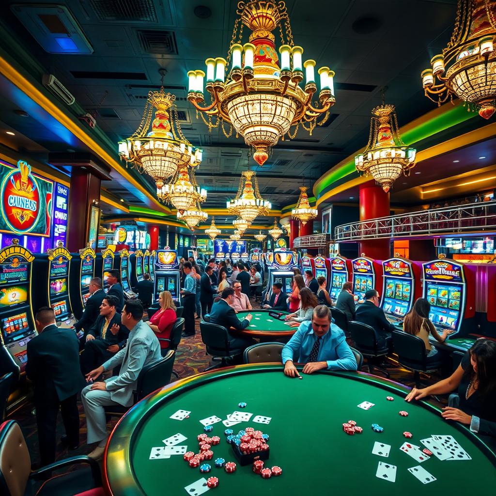 An exciting and vibrant casino floor filled with colorful slot machines, lively gamblers at gaming tables, and elegant chandeliers hanging from the ceiling