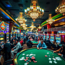 An exciting and vibrant casino floor filled with colorful slot machines, lively gamblers at gaming tables, and elegant chandeliers hanging from the ceiling