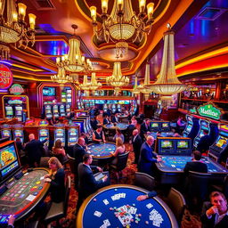 An exciting and vibrant casino floor filled with colorful slot machines, lively gamblers at gaming tables, and elegant chandeliers hanging from the ceiling