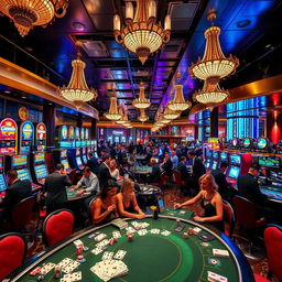 An exciting and vibrant casino floor filled with colorful slot machines, lively gamblers at gaming tables, and elegant chandeliers hanging from the ceiling