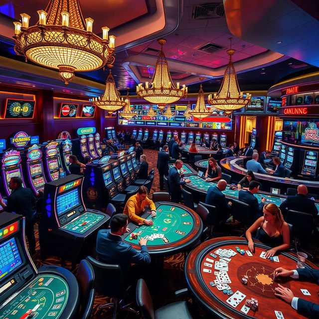 An exciting and vibrant casino floor filled with colorful slot machines, lively gamblers at gaming tables, and elegant chandeliers hanging from the ceiling