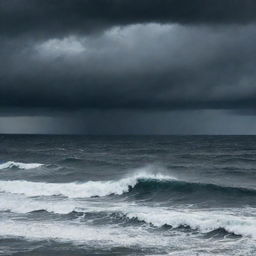 A dark and intimidating ocean with churning stormy waters under a sky filled with ominous clouds, evoking a sense of dread and awe.