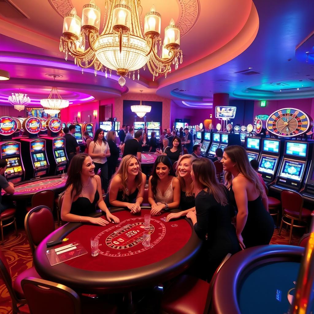 A vibrant and lively casino scene filled with excitement, showcasing various gaming tables including poker and roulette, surrounded by enthusiastic players