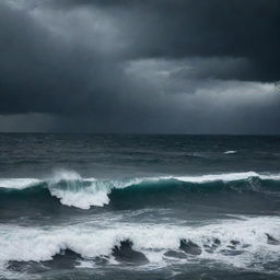 A dark and intimidating ocean with churning stormy waters under a sky filled with ominous clouds, evoking a sense of dread and awe.