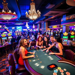 A vibrant and lively casino scene filled with excitement, showcasing various gaming tables including poker and roulette, surrounded by enthusiastic players