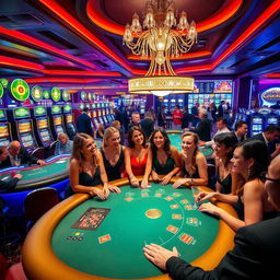 A vibrant and lively casino scene filled with excitement, showcasing various gaming tables including poker and roulette, surrounded by enthusiastic players