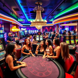 A vibrant and lively casino scene filled with excitement, showcasing various gaming tables including poker and roulette, surrounded by enthusiastic players